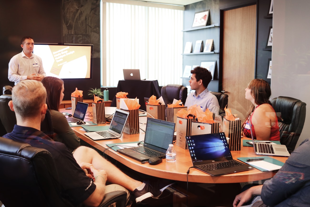 A team briefing in the meeting room