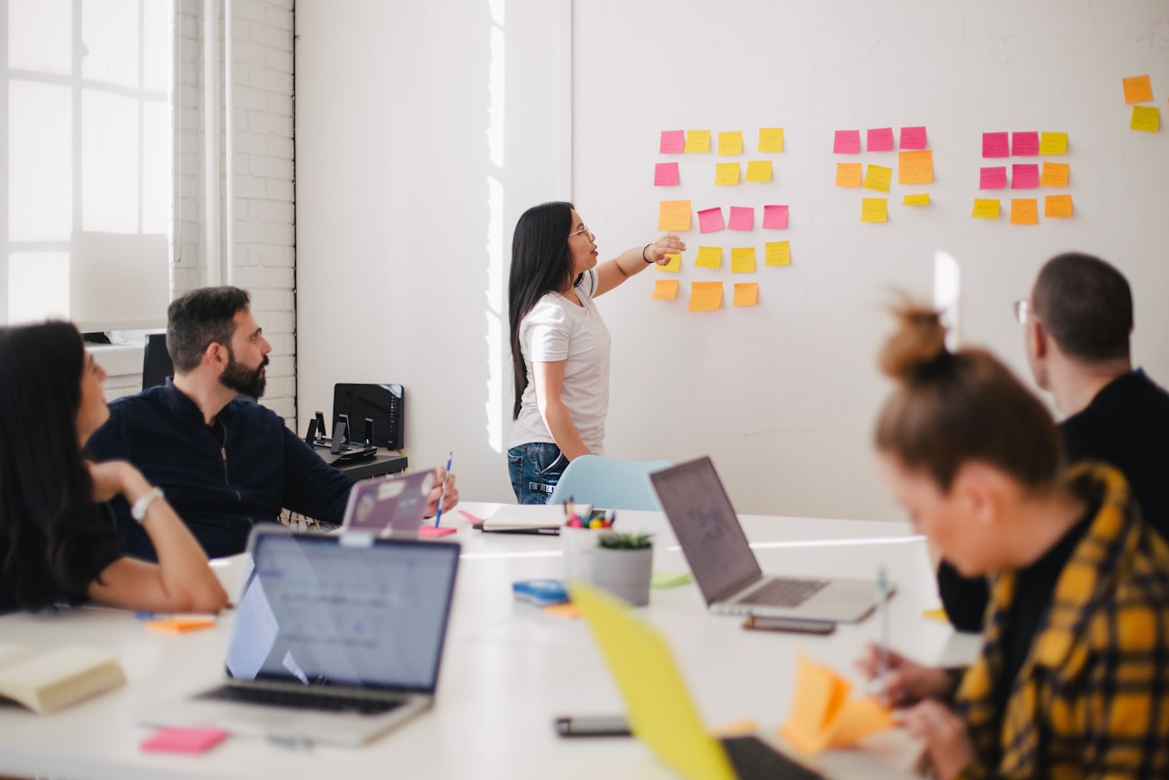 A team mapping out a project on a wall of notes